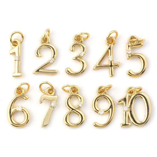 Изображение 5 ШТ Экологичный Латунь Подвески 18K настоящее золото с покрытием Цифры Прозрачный Искусственный Циркон
