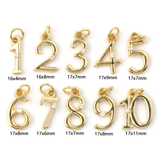 Изображение 5 ШТ Экологичный Латунь Подвески 18K настоящее золото с покрытием Цифры Прозрачный Искусственный Циркон