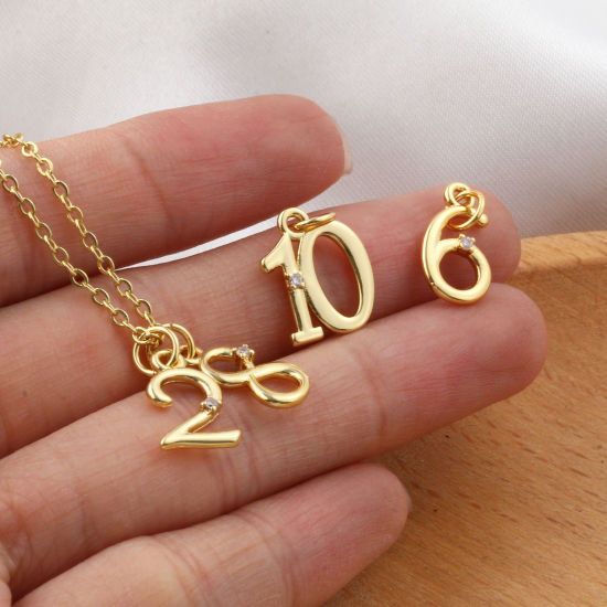 Изображение 5 ШТ Экологичный Латунь Подвески 18K настоящее золото с покрытием Цифры Прозрачный Искусственный Циркон