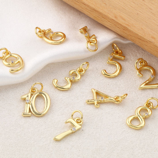 Изображение 5 ШТ Экологичный Латунь Подвески 18K настоящее золото с покрытием Цифры Прозрачный Искусственный Циркон