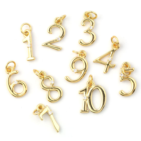 Изображение 5 ШТ Экологичный Латунь Подвески 18K настоящее золото с покрытием Цифры Прозрачный Искусственный Циркон