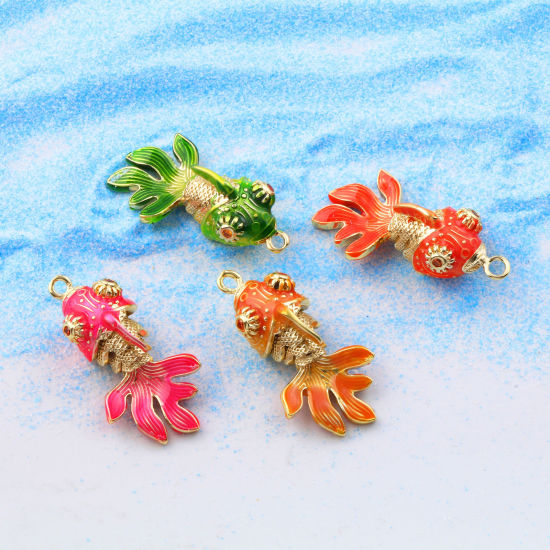 Изображение 1 ШТ Экологичный Латунь Морские Украшения Подвески 18K настоящее золото с покрытием С Эмалью золотая рыбка Трехмерный подвижный Оранжевый Искусственный Циркон 3см x 1.5см