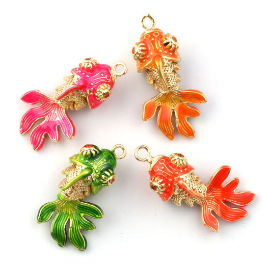 Изображение 1 ШТ Экологичный Латунь Морские Украшения Подвески 18K настоящее золото с покрытием С Эмалью золотая рыбка Трехмерный подвижный Оранжевый Искусственный Циркон 3см x 1.5см