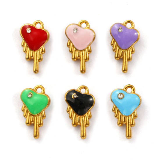 Immagine di 1 Pz Placcatura Sottovuoto PVD Ecologica 304 Acciaio Inossidabile San Valentino Ciondoli Placcato Oro 18K Cuore Smalto a Doppia Faccia Trasparente Cubic Zirconiae 14mm x 8mm