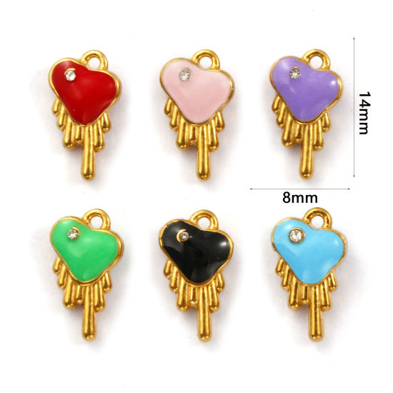 Immagine di 1 Pz Placcatura Sottovuoto PVD Ecologica 304 Acciaio Inossidabile San Valentino Ciondoli Placcato Oro 18K Cuore Smalto a Doppia Faccia Trasparente Cubic Zirconiae 14mm x 8mm