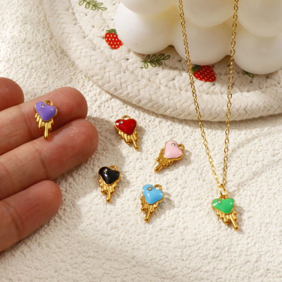 Immagine di 1 Pz Placcatura Sottovuoto PVD Ecologica 304 Acciaio Inossidabile San Valentino Ciondoli Placcato Oro 18K Cuore Smalto a Doppia Faccia Trasparente Cubic Zirconiae 14mm x 8mm