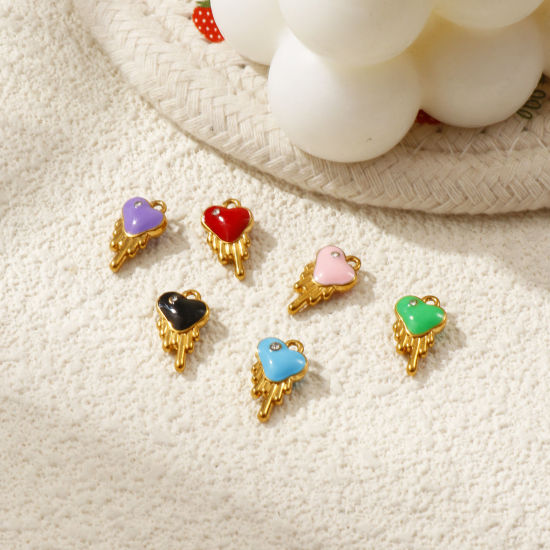 Immagine di 1 Pz Placcatura Sottovuoto PVD Ecologica 304 Acciaio Inossidabile San Valentino Ciondoli Placcato Oro 18K Cuore Smalto a Doppia Faccia Trasparente Cubic Zirconiae 14mm x 8mm