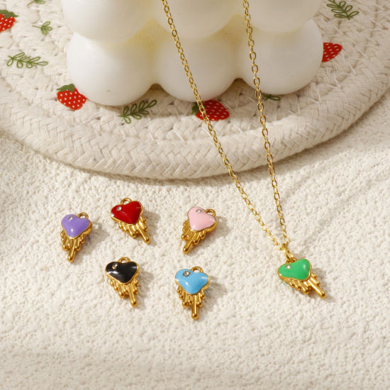 Immagine di 1 Pz Placcatura Sottovuoto PVD Ecologica 304 Acciaio Inossidabile San Valentino Ciondoli Placcato Oro 18K Cuore Smalto a Doppia Faccia Trasparente Cubic Zirconiae 14mm x 8mm