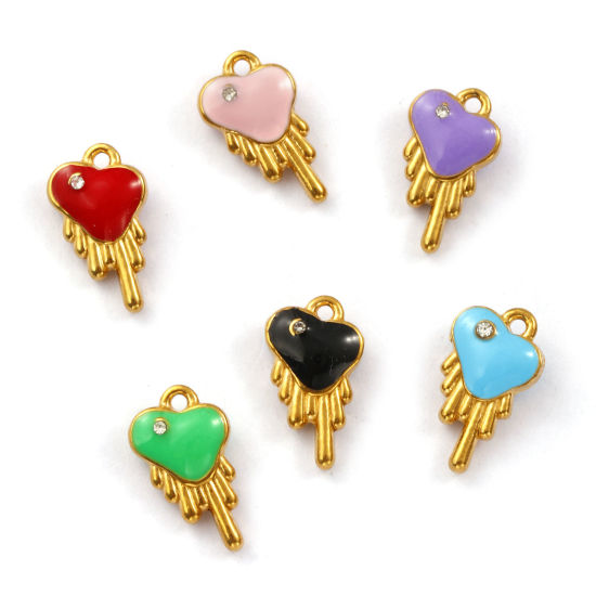 Immagine di 1 Pz Placcatura Sottovuoto PVD Ecologica 304 Acciaio Inossidabile San Valentino Ciondoli Placcato Oro 18K Cuore Smalto a Doppia Faccia Trasparente Cubic Zirconiae 14mm x 8mm