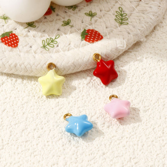 Immagine di 1 Pz Placcatura Sottovuoto PVD Ecologica 304 Acciaio Inossidabile Galassia Ciondoli Placcato Oro 18K Smalto Stella a Cinque Punte 3D 14mm x 11mm