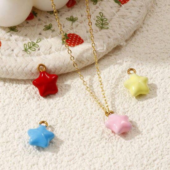 Immagine di 1 Pz Placcatura Sottovuoto PVD Ecologica 304 Acciaio Inossidabile Galassia Ciondoli Placcato Oro 18K Smalto Stella a Cinque Punte 3D 14mm x 11mm