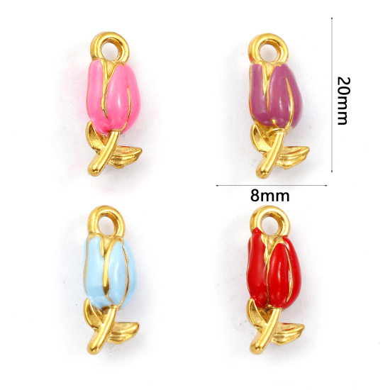 Изображение 1 ШТ Экологичное вакуумное PVD-покрытие 304 Нержавеющая Сталь Подвески 18K позолоченный С Эмалью Тюльпан цветок Трехмерный 20мм x 8мм