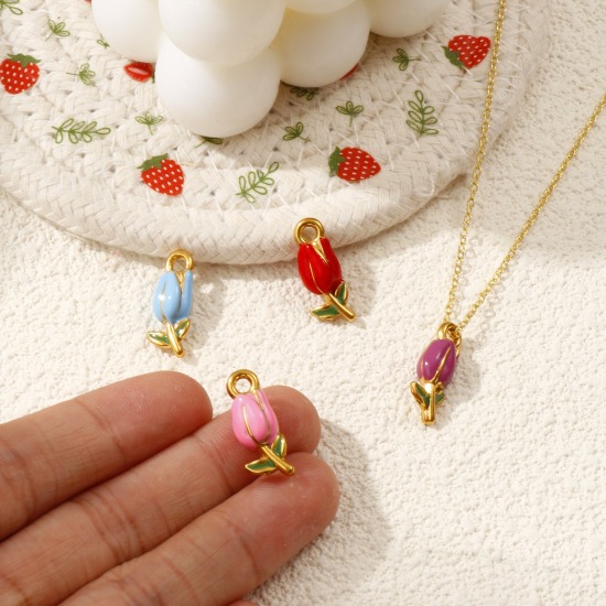 Изображение 1 ШТ Экологичное вакуумное PVD-покрытие 304 Нержавеющая Сталь Подвески 18K позолоченный С Эмалью Тюльпан цветок Трехмерный 20мм x 8мм