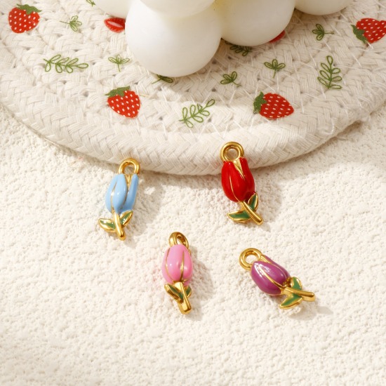 Изображение 1 ШТ Экологичное вакуумное PVD-покрытие 304 Нержавеющая Сталь Подвески 18K позолоченный С Эмалью Тюльпан цветок Трехмерный 20мм x 8мм