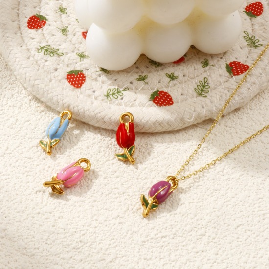 Изображение 1 ШТ Экологичное вакуумное PVD-покрытие 304 Нержавеющая Сталь Подвески 18K позолоченный С Эмалью Тюльпан цветок Трехмерный 20мм x 8мм