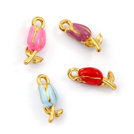 Изображение 1 ШТ Экологичное вакуумное PVD-покрытие 304 Нержавеющая Сталь Подвески 18K позолоченный С Эмалью Тюльпан цветок Трехмерный 20мм x 8мм