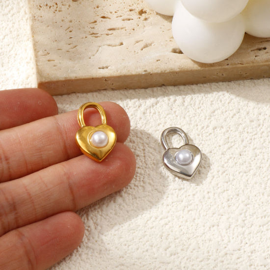 Изображение 2 ШТ Экологичное вакуумное PVD-покрытие 304 Нержавеющая Сталь День святого Валентина Подвески Разноцветный Сердце Замок С Исскуственными Жемчугами 19мм x 12мм