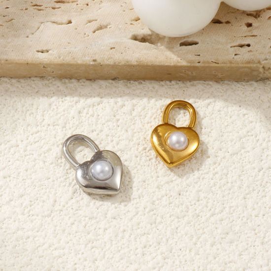 Изображение 2 ШТ Экологичное вакуумное PVD-покрытие 304 Нержавеющая Сталь День святого Валентина Подвески Разноцветный Сердце Замок С Исскуственными Жемчугами 19мм x 12мм