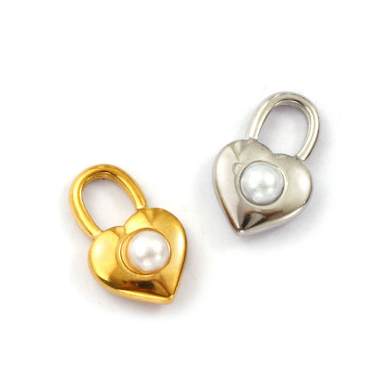 Изображение 2 ШТ Экологичное вакуумное PVD-покрытие 304 Нержавеющая Сталь День святого Валентина Подвески Разноцветный Сердце Замок С Исскуственными Жемчугами 19мм x 12мм
