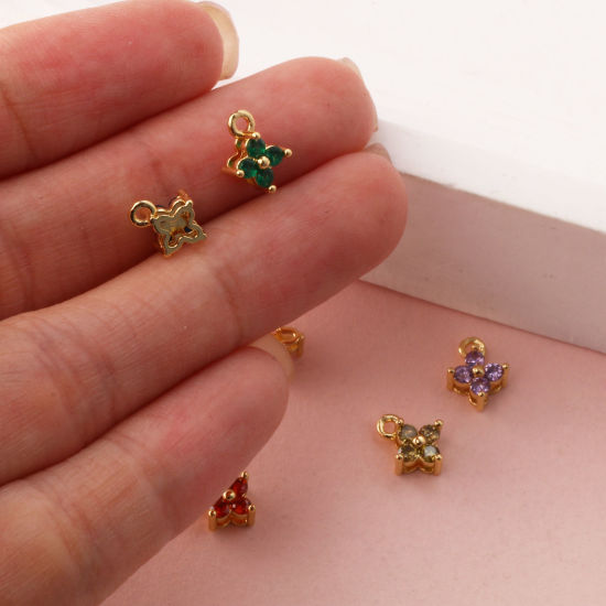 Immagine di 5 Pz Ottone + Zircone Cubico Mini Ciondoli Placcato Oro 18K Fiore Micro Spianare 8mm x 6mm