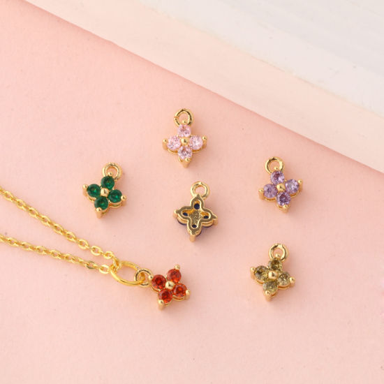 Immagine di 5 Pz Ottone + Zircone Cubico Mini Ciondoli Placcato Oro 18K Fiore Micro Spianare 8mm x 6mm