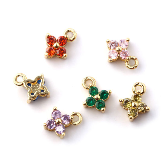 Immagine di 5 Pz Ottone + Zircone Cubico Mini Ciondoli Placcato Oro 18K Fiore Micro Spianare 8mm x 6mm