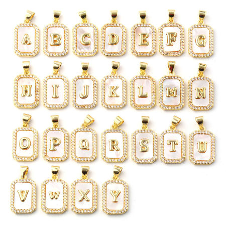 1 Pz Conchiglie Naturali & Ottone Ciondoli Pendenti Placcato Oro 18K Bianco Ottagono Lettera Maiuscola Lettere " A-Z " Micro Spianare Trasparente Cubic Zirconiae 23mm x 12mm
