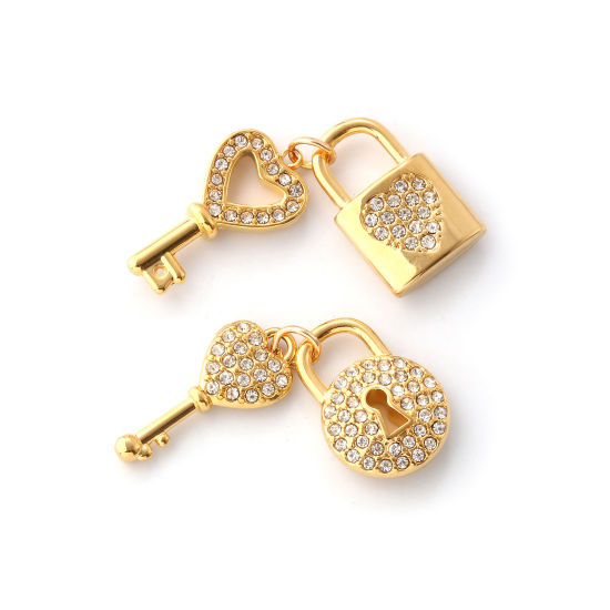 Immagine di 1 Pz Placcatura Sottovuoto PVD Ecologica 304 Acciaio Inossidabile Ciondoli 18K Vero Oro Placcato Serratura ＆ Chiave Cuore Micro Spianare