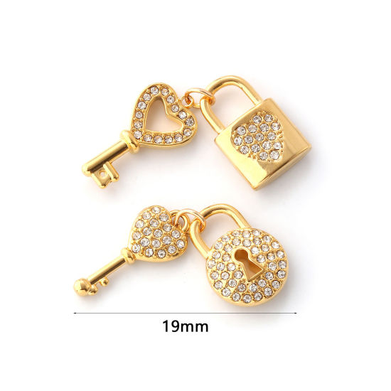 Immagine di 1 Pz Placcatura Sottovuoto PVD Ecologica 304 Acciaio Inossidabile Ciondoli 18K Vero Oro Placcato Serratura ＆ Chiave Cuore Micro Spianare