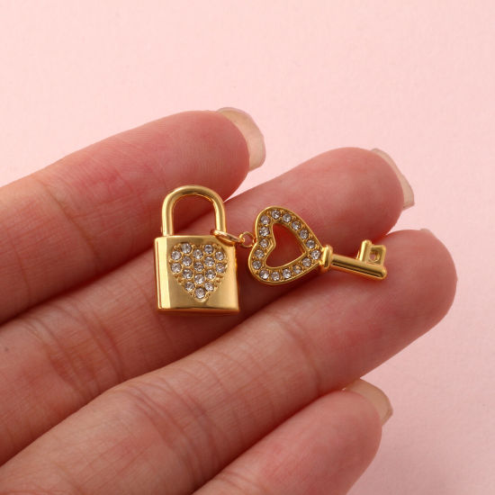 Immagine di 1 Pz Placcatura Sottovuoto PVD Ecologica 304 Acciaio Inossidabile Ciondoli 18K Vero Oro Placcato Serratura ＆ Chiave Cuore Micro Spianare