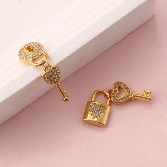 Immagine di 1 Pz Placcatura Sottovuoto PVD Ecologica 304 Acciaio Inossidabile Ciondoli 18K Vero Oro Placcato Serratura ＆ Chiave Cuore Micro Spianare