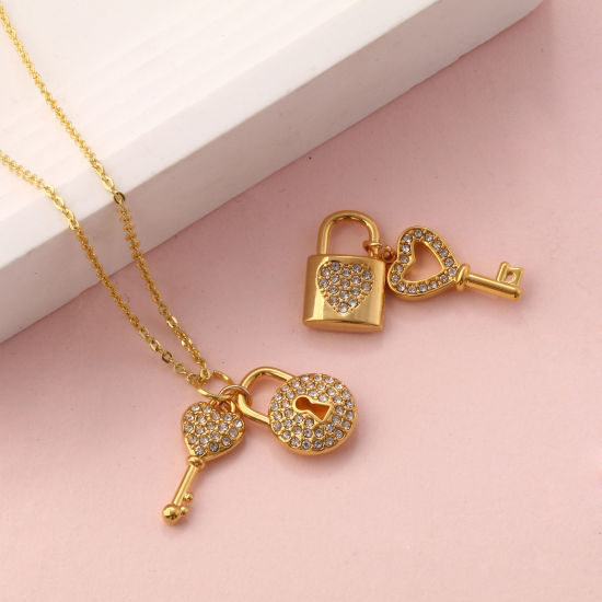 Immagine di 1 Pz Placcatura Sottovuoto PVD Ecologica 304 Acciaio Inossidabile Ciondoli 18K Vero Oro Placcato Serratura ＆ Chiave Cuore Micro Spianare