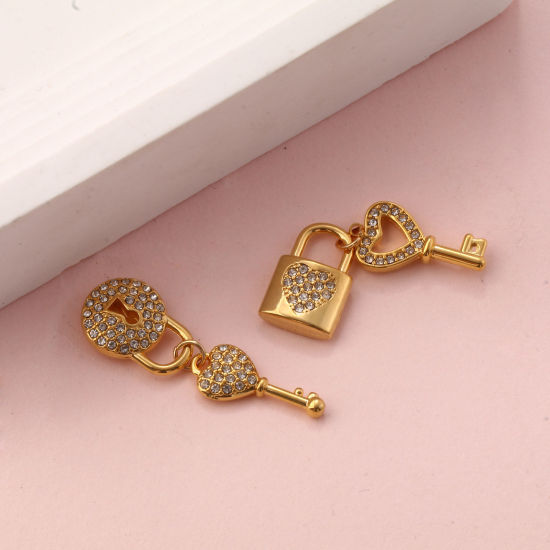 Immagine di 1 Pz Placcatura Sottovuoto PVD Ecologica 304 Acciaio Inossidabile Ciondoli 18K Vero Oro Placcato Serratura ＆ Chiave Cuore Micro Spianare