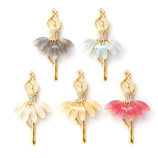 Изображение 1 ШТ Экологичное вакуумное PVD-покрытие 304 Нержавеющая Сталь & Акрил Подвески 18K настоящее золото с покрытием Балерина С Блестками Прозрачный Искусственный Циркон 4.9см x 2.9см