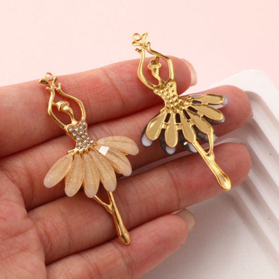 Изображение 1 ШТ Экологичное вакуумное PVD-покрытие 304 Нержавеющая Сталь & Акрил Подвески 18K настоящее золото с покрытием Балерина С Блестками Прозрачный Искусственный Циркон 4.9см x 2.9см