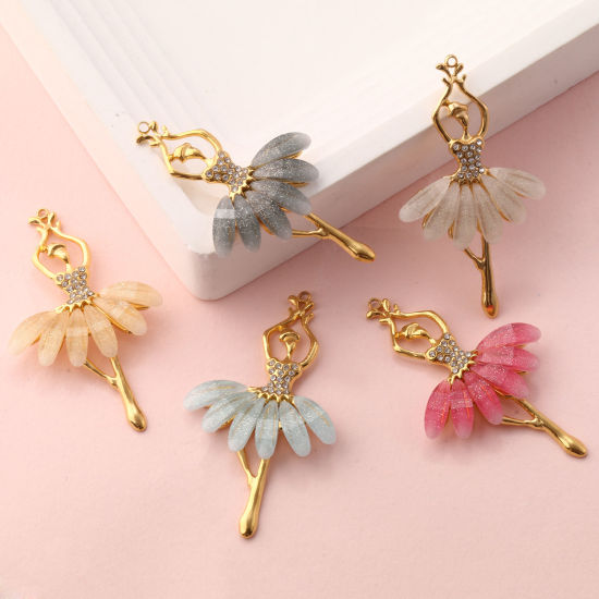 Изображение 1 ШТ Экологичное вакуумное PVD-покрытие 304 Нержавеющая Сталь & Акрил Подвески 18K настоящее золото с покрытием Балерина С Блестками Прозрачный Искусственный Циркон 4.9см x 2.9см