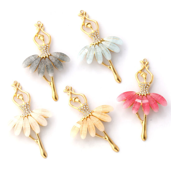 Изображение 1 ШТ Экологичное вакуумное PVD-покрытие 304 Нержавеющая Сталь & Акрил Подвески 18K настоящее золото с покрытием Балерина С Блестками Прозрачный Искусственный Циркон 4.9см x 2.9см