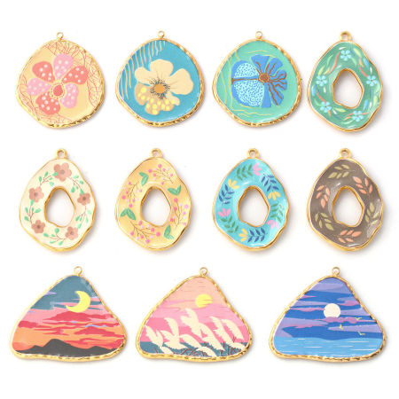 Eco-friendly PVD Vacuum Plating 304 Stainless Steel Pendants 18K Real Gold Plated Multicolor Flower Natural Scenery Printed