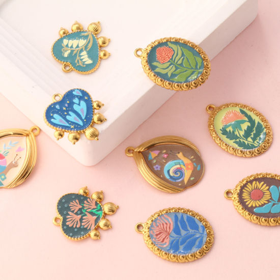 Immagine di 1 Pz Placcatura Sottovuoto PVD Ecologica 304 Acciaio Inossidabile Ciondoli Pendenti 18K Vero Oro Placcato Multicolore Fiore Chiocciola Stampato