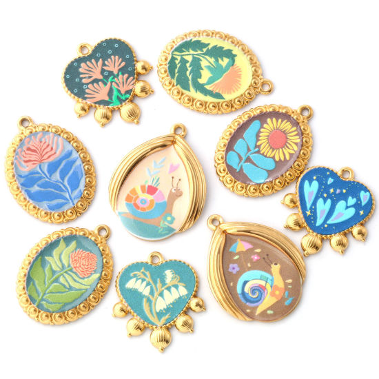 Immagine di 1 Pz Placcatura Sottovuoto PVD Ecologica 304 Acciaio Inossidabile Ciondoli Pendenti 18K Vero Oro Placcato Multicolore Fiore Chiocciola Stampato