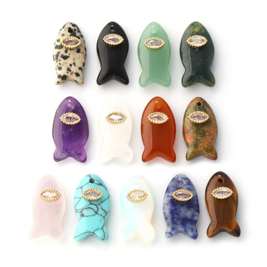 Bild von Messing und Edelstein Ozean Schmuck Charms Vergoldet Fisch Transparent Strassstein 23mm x 12mm