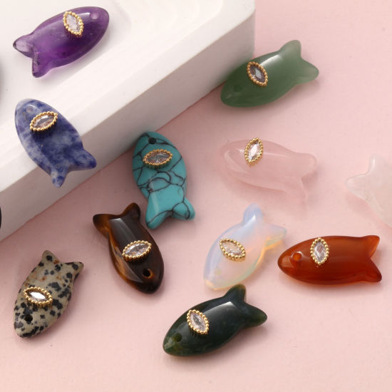 Bild von Messing und Edelstein Ozean Schmuck Charms Vergoldet Fisch Transparent Strassstein 23mm x 12mm