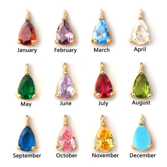 Immagine di 5 Pz Ottone + Zircone Cubico Pietre Nascita Ciondoli Placcato Oro 18K Goccia Mini 9mm x 5mm