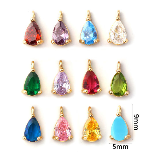 Immagine di 5 Pz Ottone + Zircone Cubico Pietre Nascita Ciondoli Placcato Oro 18K Goccia Mini 9mm x 5mm