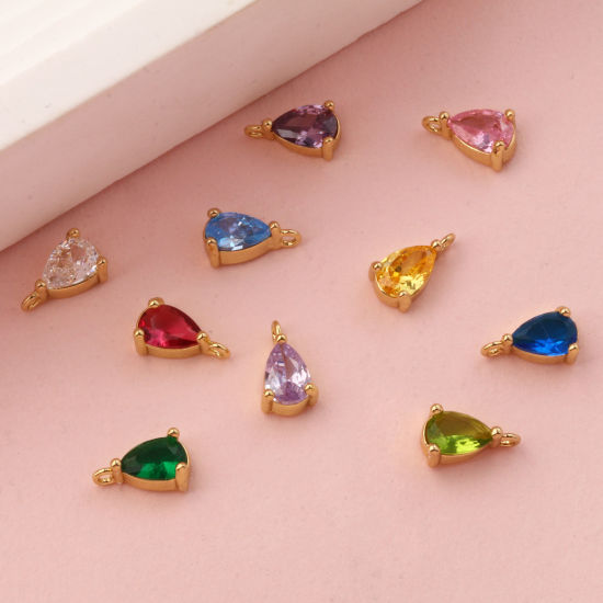Immagine di 5 Pz Ottone + Zircone Cubico Pietre Nascita Ciondoli Placcato Oro 18K Goccia Mini 9mm x 5mm