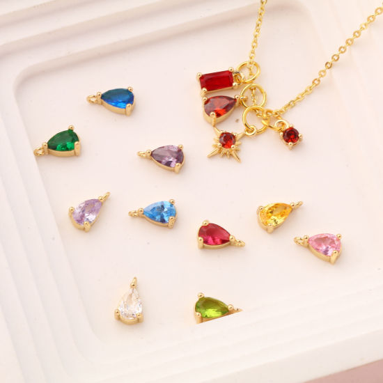 Immagine di 5 Pz Ottone + Zircone Cubico Pietre Nascita Ciondoli Placcato Oro 18K Goccia Mini 9mm x 5mm