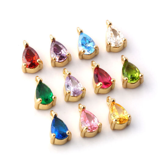 Immagine di 5 Pz Ottone + Zircone Cubico Pietre Nascita Ciondoli Placcato Oro 18K Goccia Mini 9mm x 5mm