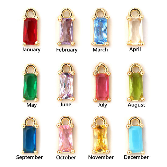 Изображение 5 ШТ Латунь+ Искусственный Циркон Камень рождения Подвески 18K позолоченный Прямоугольник Мини 9мм x 4мм