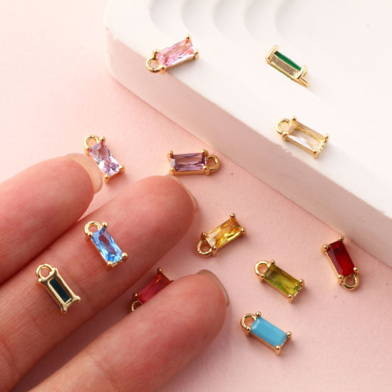 Изображение 5 ШТ Латунь+ Искусственный Циркон Камень рождения Подвески 18K позолоченный Прямоугольник Мини 9мм x 4мм