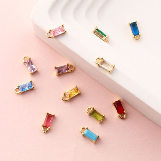 Изображение 5 ШТ Латунь+ Искусственный Циркон Камень рождения Подвески 18K позолоченный Прямоугольник Мини 9мм x 4мм